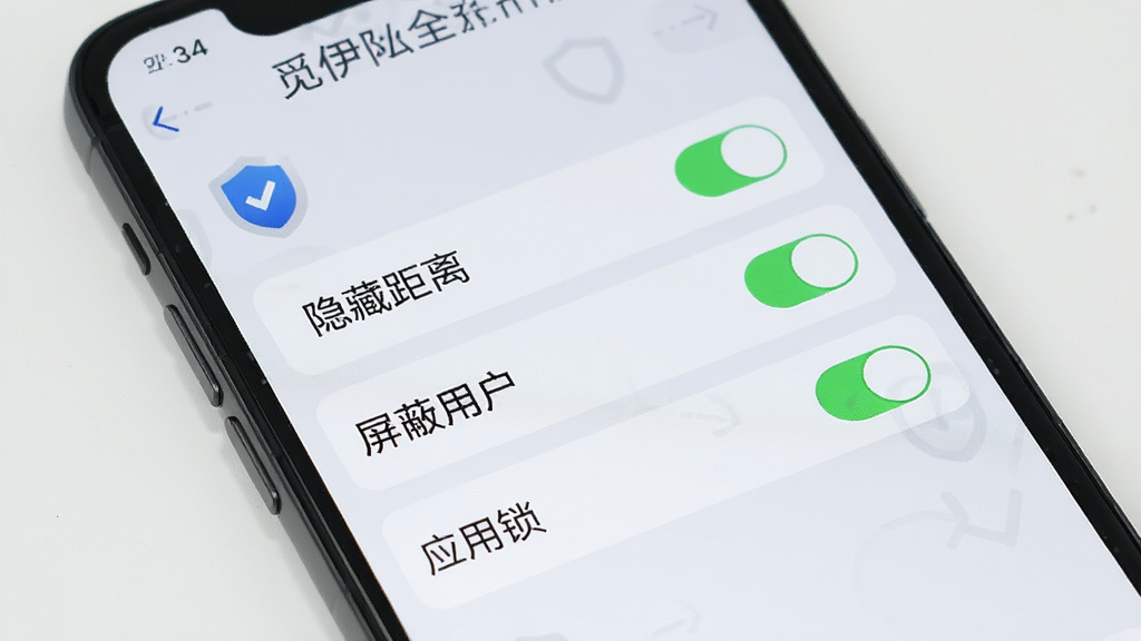 觅伊隐私安全设置界面,手机屏幕展示隐私选项列表,包括“隐藏距离”“屏蔽用户”“应用锁”等开关按钮,背景为浅灰色极简风格,细节有盾牌安全图标与绿色开启状态,画质清晰,干净,无多余元素