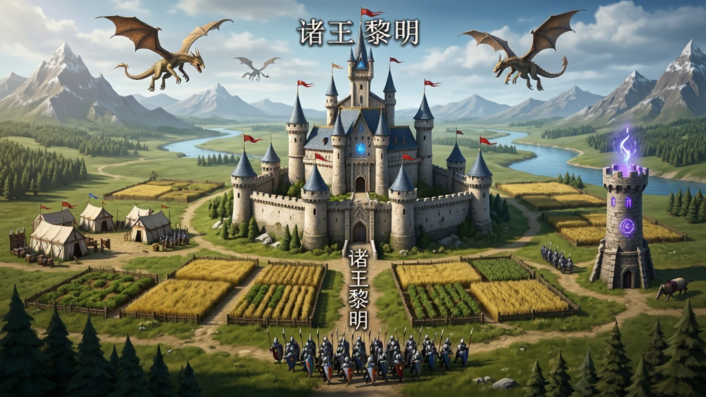 一幅中世纪奇幻风格的游戏全景图,画面中央是一座宏伟的城堡,城堡周围环绕着农田、兵营和魔法塔,远处有山脉与河流,天空中有飞龙盘旋,画面下方有一支整齐的军队正在行进,风格为写实奇幻CG,细节丰富,画质高清,画面干净,无多余元素,图片中文字标注“诸王黎明”。