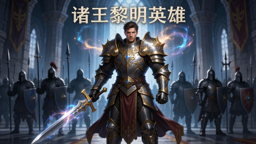 一位身穿华丽铠甲的传奇英雄站在城堡大厅中央,周围环绕着魔法光效,英雄手持长剑,身后有不同兵种的士兵剪影,画面风格为奇幻角色立绘,细节精致,画质高清,干净无多余元素,画面中文字“诸王黎明英雄”。