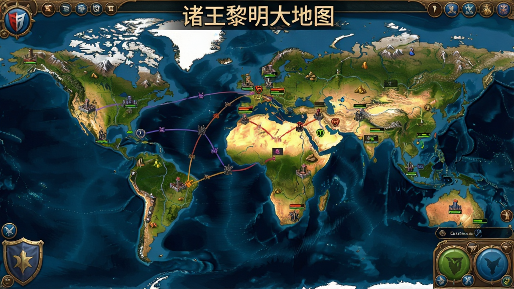 一张巨大的世界地图,地图上分布着不同玩家的城池、资源点和联盟领地,有军队行军路线和战斗标记,画面风格为策略游戏大地图界面,信息清晰,色彩分明,画质高清,干净无多余元素,画面中文字“诸王黎明大地图”。