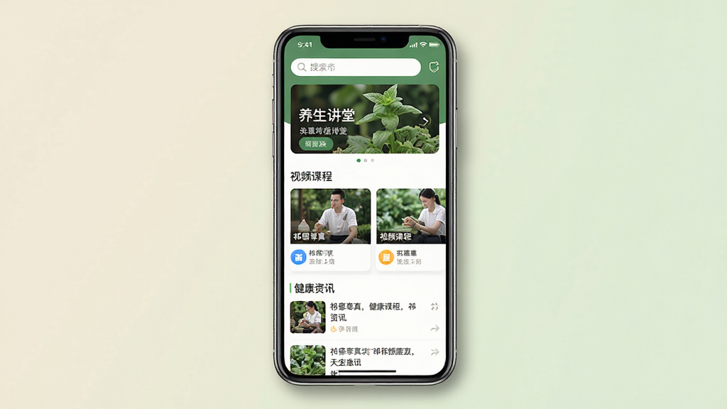 一张展示祁草寻真手机应用主界面的干净预览图,主体是一部竖屏智能手机,屏幕内显示祁草寻真APP的首页布局,顶部有搜索栏和养生讲堂轮播图,下方排列着视频课程卡片和健康资讯列表;布局居中,背景为浅米色或淡绿色,风格清新简约;细节上手机边缘有轻微阴影,屏幕内容清晰可见,画质干净无多余元素,整体呈现专业软件预览图的质感。