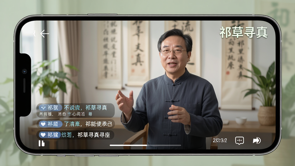 一张展示祁草寻真讲座直播界面的AI生成图,主体为手机横屏播放界面,画面中央是一位讲师在讲解养生知识,屏幕角落带有