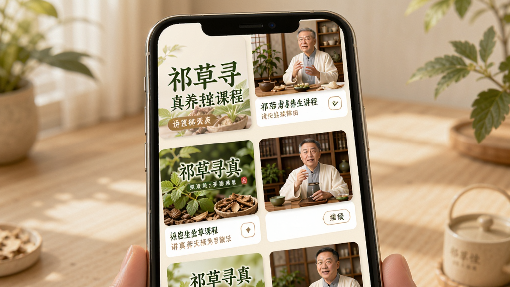 一张展示祁草寻真养生讲堂页面布局的AI生成图,主体为手机屏幕特写,屏幕中展示多个养生视频课程封面,封面带有