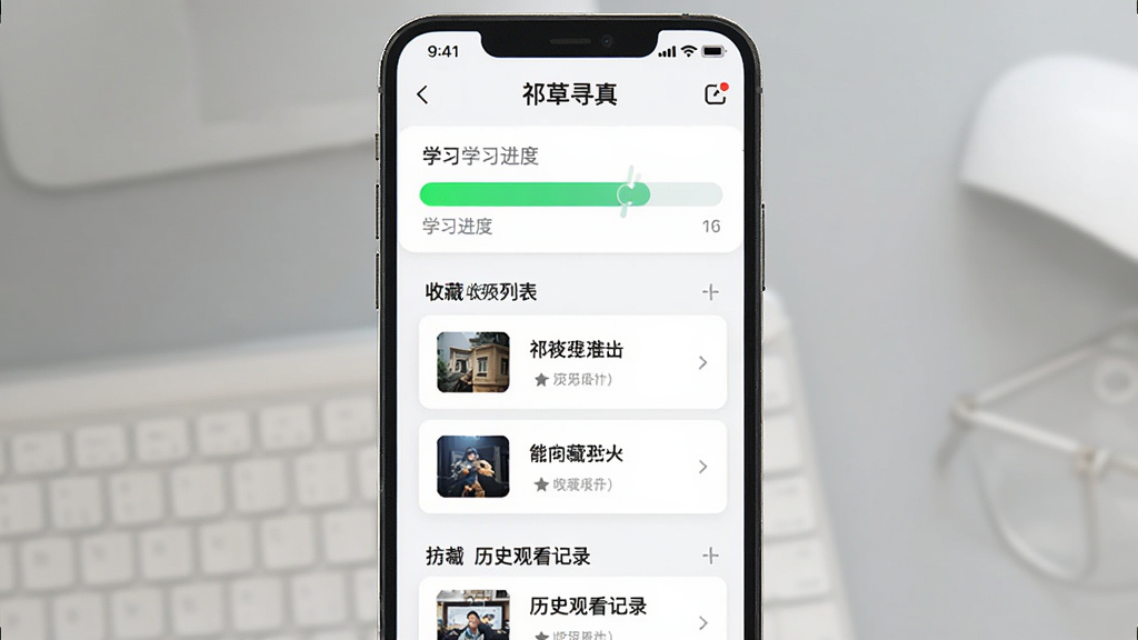 一张展示祁草寻真个人学习中心页面的AI生成图,主体为手机屏幕,屏幕内显示学习进度条、收藏列表和历史观看记录;布局采用卡片式纵向排列,风格简洁明快,细节上进度条为绿色渐变,列表项带有缩略图和标题文字,画质清晰干净。