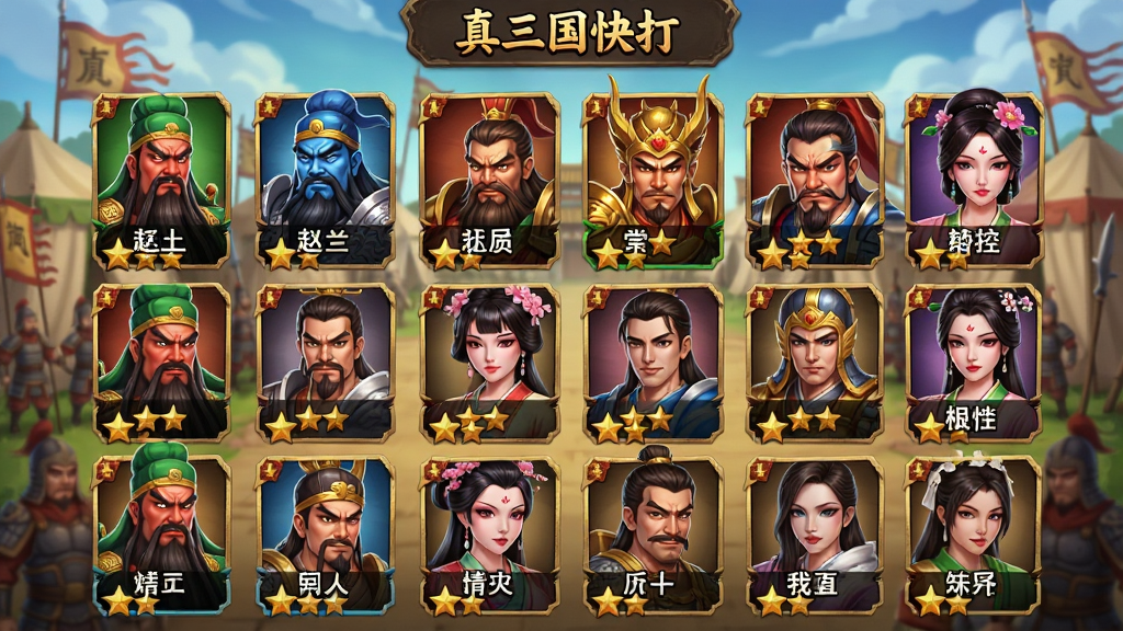 一幅武将收集展示界面,画面以网格形式排列多位三国武将头像卡片,包括关羽、赵云、吕布、貂蝉等角色,每张卡片显示武将名称和星级,背景为古代军营场景,整体风格为2D卡牌美术风格,色彩丰富,布局整齐,画面干净无多余元素,高画质,标注文字