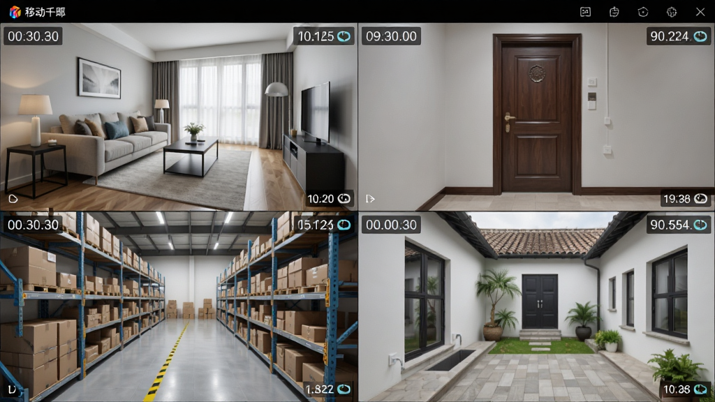 一张展示移动千里眼多路分屏监控界面的示意图,画面主体为四宫格视频画面,分别显示客厅、门口、仓库、庭院场景,布局为2x2网格排列,风格简洁现代,细节包含每路画面的时间水印与清晰度标识,画质高清,干净,无多余元素