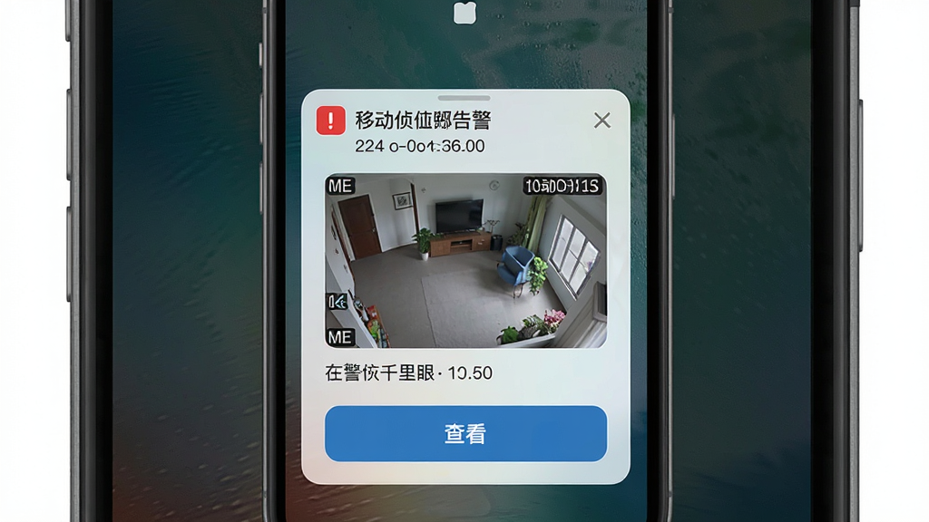 一张移动千里眼告警消息推送界面的示意图,画面主体为手机锁屏弹出告警通知,显示移动侦测抓拍缩略图与查看按钮,布局纵向排列,风格清爽直观,细节包含红色告警角标与时间信息,画质高清,干净,无多余元素