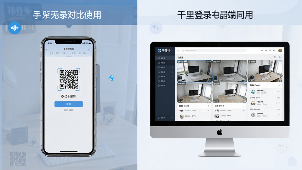 一张展示移动千里眼在手机与电脑端同时登录使用的对比示意图,画面主体左侧为手机竖屏监控界面,右侧为电脑网页版监控界面,布局左右并列,风格简洁商务,细节包含登录二维码与设备列表,画质高清,干净,无多余元素