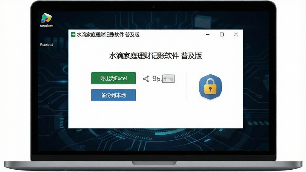 一张笔记本电脑屏幕截图风格的图片,画面显示“水滴家庭理财记账软件 普及版”的数据导出界面,有“导出为Excel”和“备份到本地”的按钮,旁边有锁形安全图标。背景是深色科技感桌面,画质干净、专业。