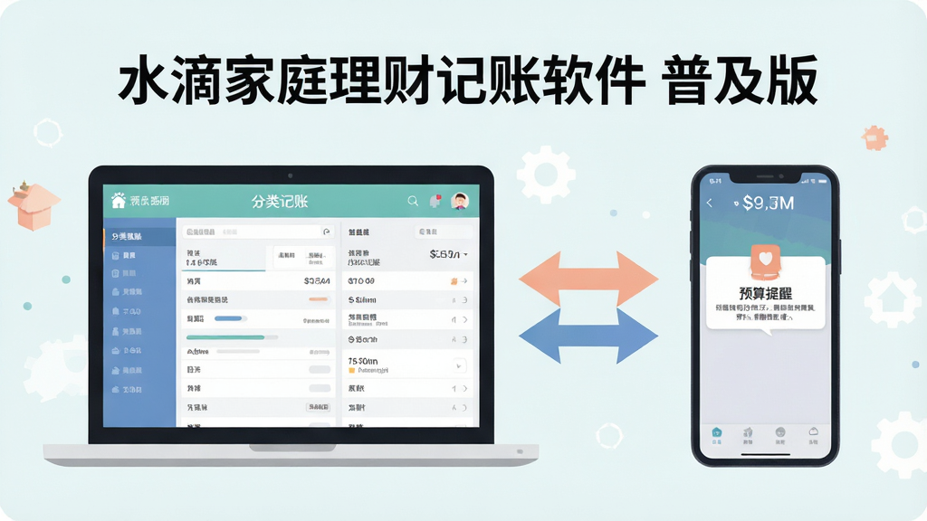 一张信息图风格的插图,展示“水滴家庭理财记账软件 普及版”在电脑和手机上的同步使用场景。左侧是笔记本电脑显示分类记账页面,右侧是手机显示预算提醒通知,中间有双向箭头表示数据同步。整体风格简洁、扁平化、色彩柔和,画质清晰,无杂乱元素。