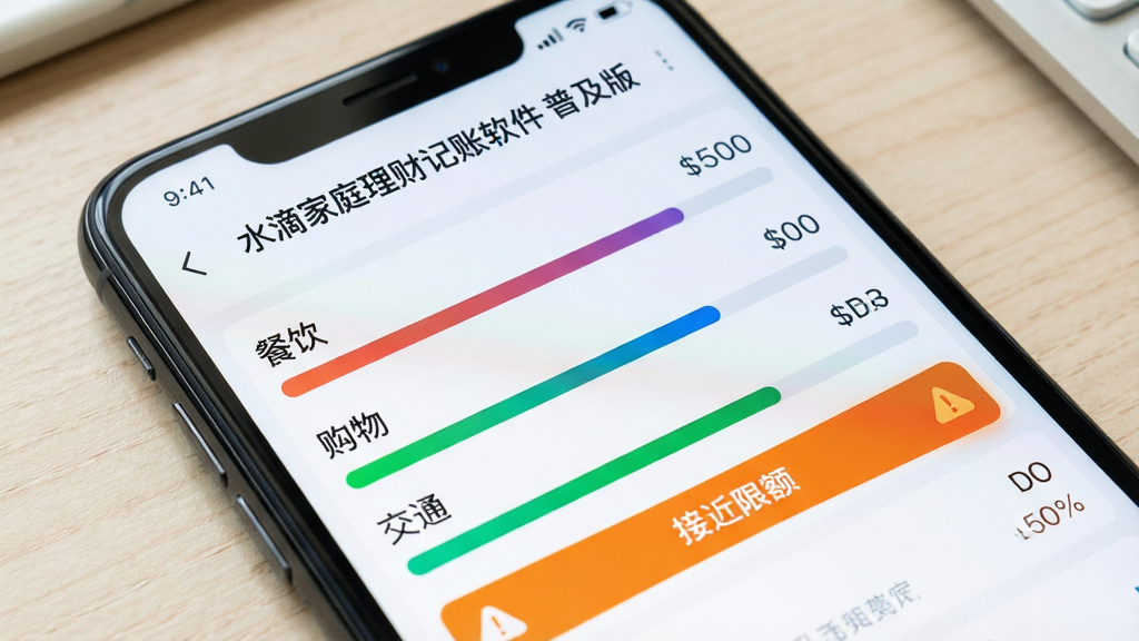 一张手机屏幕特写图,屏幕上展示“水滴家庭理财记账软件 普及版”的预算设置页面,有彩色进度条显示餐饮、购物、交通等分类的预算使用情况,其中一项显示“接近限额”的橙色提醒。背景是简洁的浅色桌面,画质锐利,细节清晰。