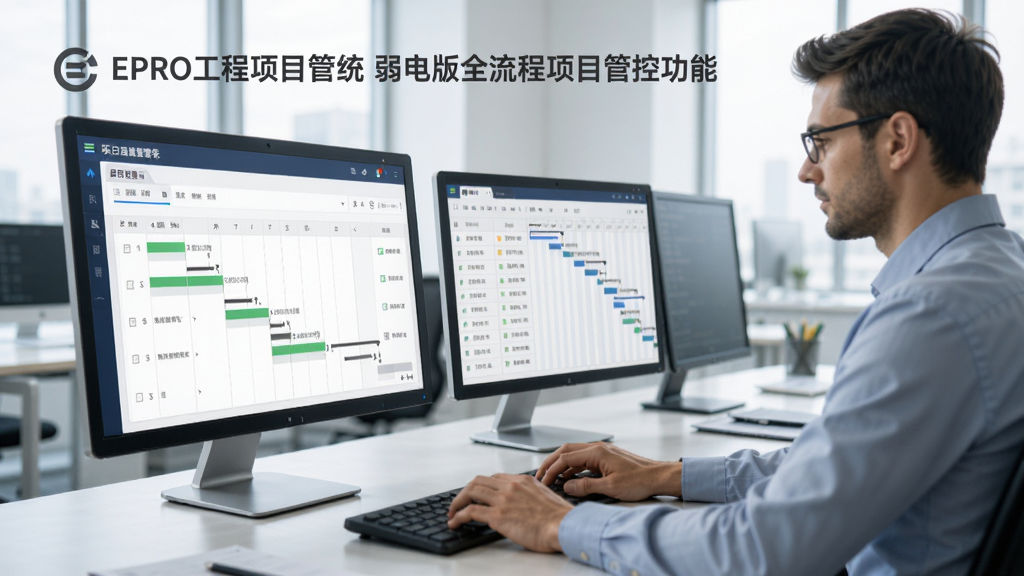 一张展示EPRO工程项目管理系统 弱电版全流程项目管控功能的图片,画面中显示项目进度条、任务列表和甘特图,背景是办公室环境,有工程师在电脑前操作,风格商务简约,排版整齐,画质清晰,无多余元素