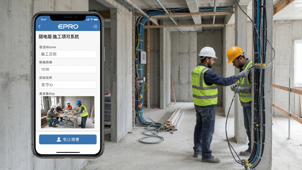 一张展示EPRO工程项目管理系统 弱电版移动端协同办公功能的图片,画面中显示手机屏幕上的施工日志填写界面和照片上传按钮,背景是弱电施工现场,有工人在布线,风格写实清晰,排版简洁,画质干净,无多余元素