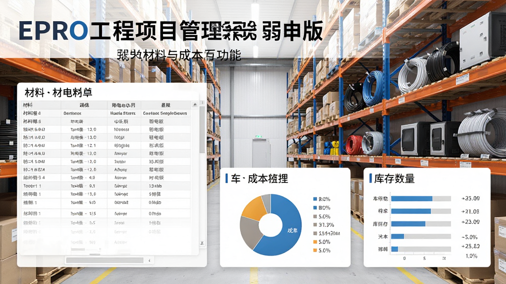 一张展示EPRO工程项目管理系统 弱电版材料与成本核算功能的图片,画面中显示材料清单表格、成本饼图和库存数量,背景是仓库货架,有各类线缆和弱电设备,风格现代简洁,排版清晰,画质干净,无多余元素