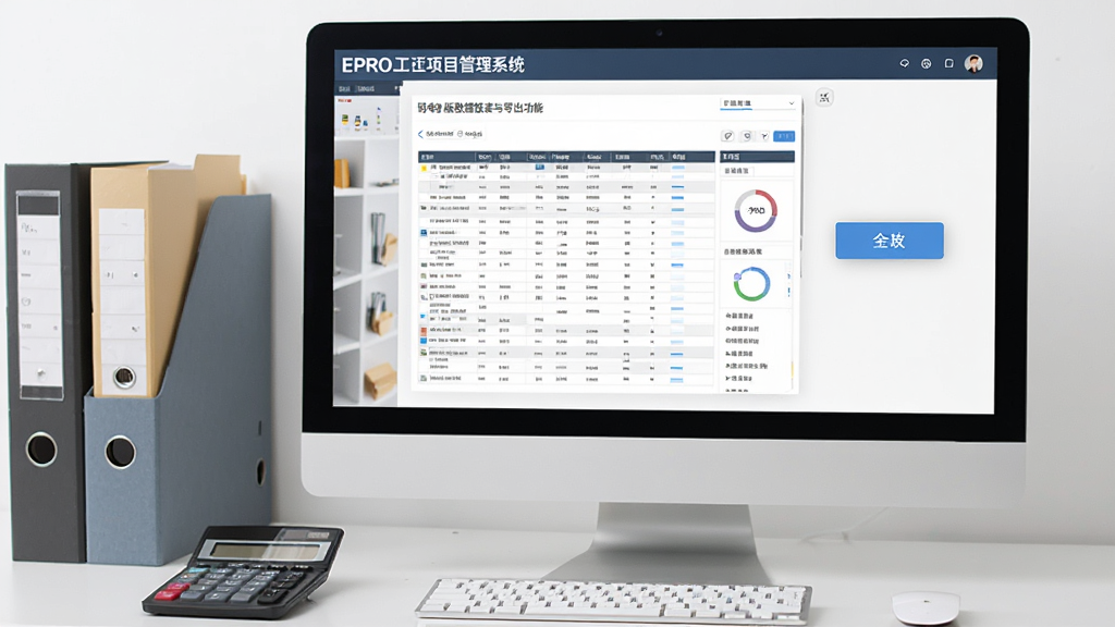 一张展示EPRO工程项目管理系统 弱电版数据报表与导出功能的图片,画面中显示电脑屏幕上的报表预览界面和导出按钮,背景是办公桌面,有文件夹和计算器,风格商务简洁,排版规整,画质清晰,无多余元素