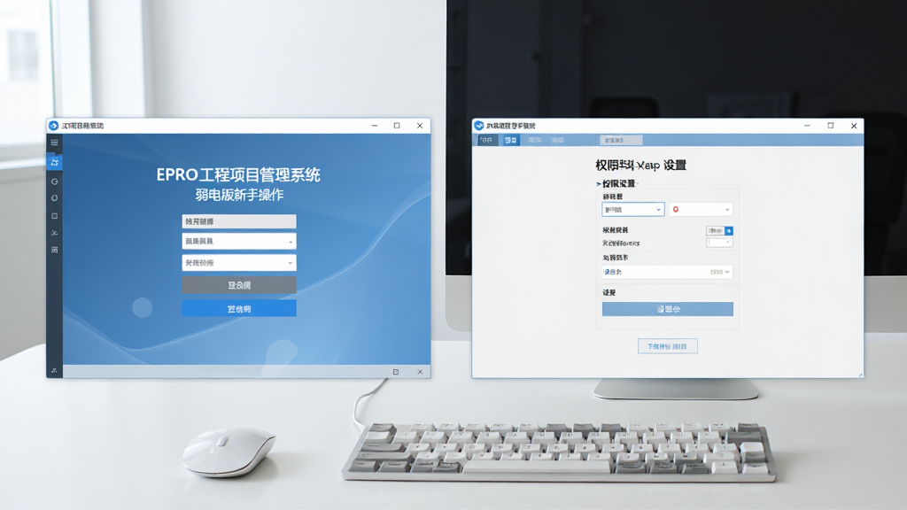 一张展示EPRO工程项目管理系统 弱电版新手操作界面的图片,画面中显示软件登录窗口和权限设置页面,背景是简洁的办公桌面,有鼠标和键盘,风格清晰明了,排版整洁,画质干净,无多余元素