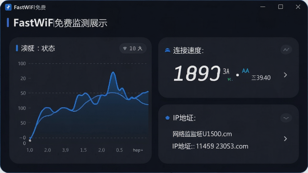 一张FastWiFi免费版网络监测功能展示图,画面主体是软件界面中的网络状态面板,显示信号强度曲线、连接速度数值、IP地址信息,布局为上下分区,排版清晰,风格为科技感深色仪表盘风格,细节包括蓝色折线图、白色数字标签、圆角卡片,画质高清,画面干净,无多余元素