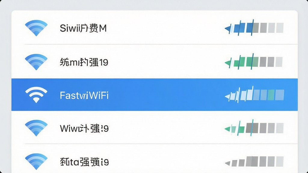 一张FastWiFi免费版信号扫描功能的示意图,画面主体是软件界面中WiFi信号列表区域,多条无线网络名称依次排列,每条右侧配有信号强度格数图标,强弱对比明显,布局为上下排列的列表,排版整齐,风格为简约扁平化设计,细节包括蓝白渐变信号图标、浅灰背景、高亮选中条目,画质高清,画面干净,无多余元素