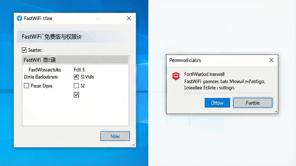 一张展示FastWiFi免费版安装与权限设置步骤的示意图,画面主体是电脑屏幕上的安装向导窗口和防火墙提示弹窗,布局为左右分栏,左侧为安装路径选择,右侧为权限允许按钮,排版清晰,风格为Windows系统原生UI风格,细节包括蓝色按钮、白色弹窗、勾选框,画质高清,画面干净,无多余元素