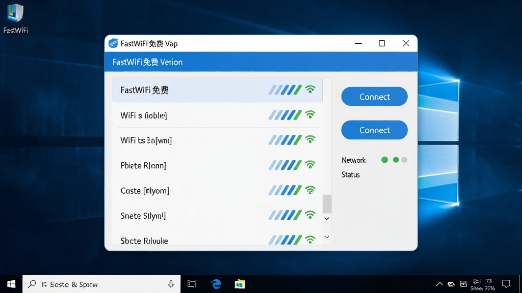 一张展示FastWiFi免费版软件主界面的场景图,画面中央是干净的Windows电脑桌面,屏幕上打开FastWiFi免费版窗口,窗口内清晰列出多条WiFi信号名称与信号强度图标,右侧有连接按钮和网络状态指示,整体布局简洁,排版清晰,风格为现代科技感浅色UI,细节包括圆角窗口、蓝白配色、信号格图标,画质高清,画面干净,无多余元素