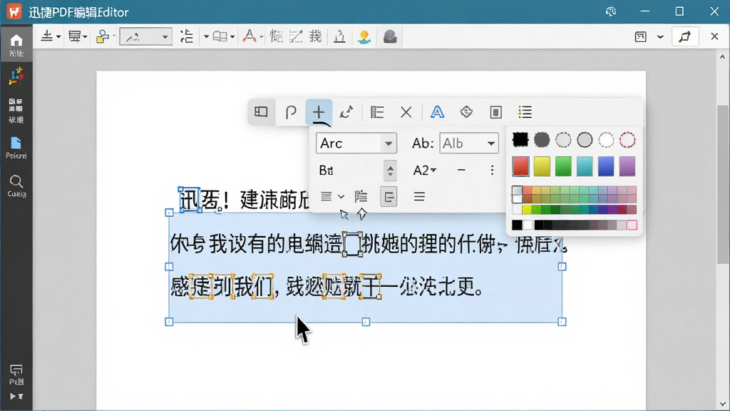 迅捷PDF编辑器文字编辑功能特写,主体为电脑屏幕上PDF文档中一段文字被选中并弹出编辑工具栏,布局上文档居中、工具栏悬浮于文字上方;风格为清爽办公风,细节包括光标、字体设置面板、颜色选择器;画质清晰,干净,无多余元素
