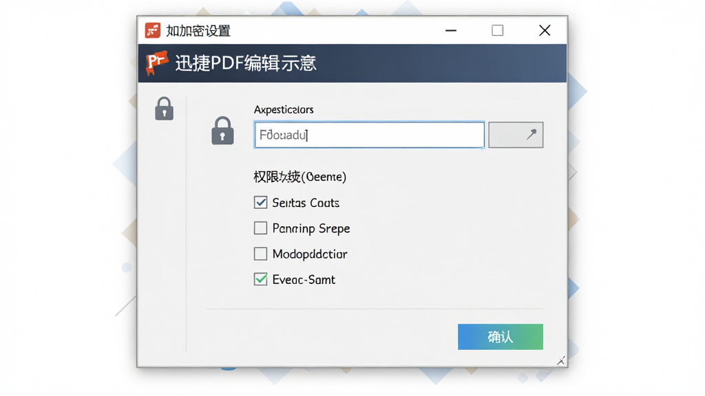 迅捷PDF编辑器安全保护功能示意,主体为软件加密设置窗口展示密码输入框与权限勾选列表,布局上窗口居中、选项纵向排列;风格为稳重商务风,细节包括锁形图标、权限复选框、确认按钮;画质高清,干净,无多余元素
