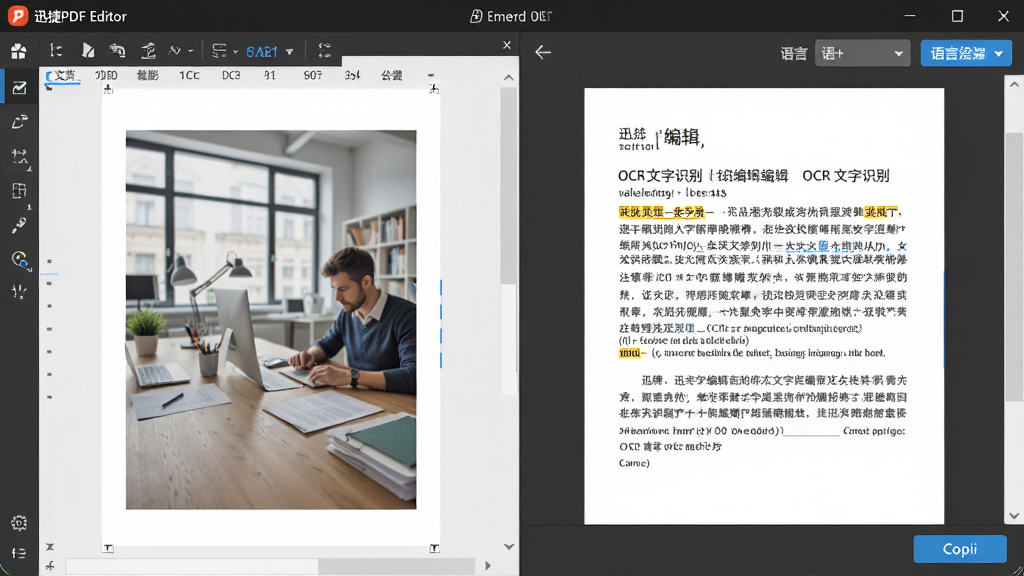 迅捷PDF编辑器OCR文字识别功能展示,主体为软件界面左侧显示扫描件图片、右侧同步输出可编辑文字,布局为左右分栏对比;风格为现代办公科技风,细节包括识别进度、语言选择下拉框、复制按钮;画质清晰,干净,无多余元素