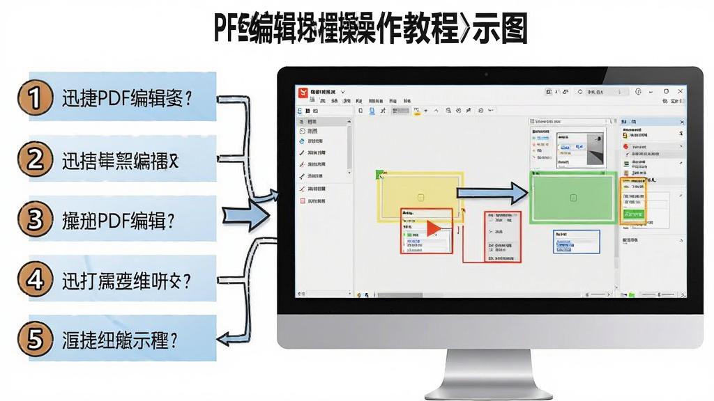 迅捷PDF编辑器操作教程示意图,主体为电脑屏幕展示软件界面与操作步骤标注,布局上左侧为步骤列表、右侧为对应界面截图;风格为教学图解风,细节包括数字序号、箭头指示、高亮框选区域;画质清晰,干净,无多余元素