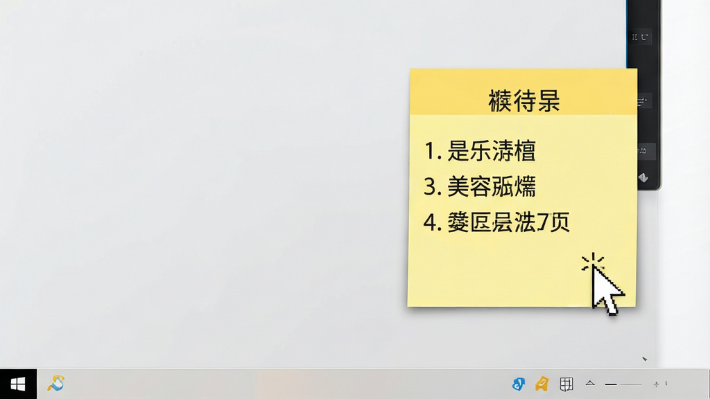 一张展示小黄条便签软件在Windows电脑桌面上使用的场景图,画面中便签贴靠在屏幕右侧,便签上写有中文待办事项列表,鼠标指针正悬停在便签边缘,桌面背景为干净的浅灰色,整体布局简洁,风格为写实软件截图风格,细节包括便签的黄色背景和黑色文字,画质清晰,画面干净,无多余元素