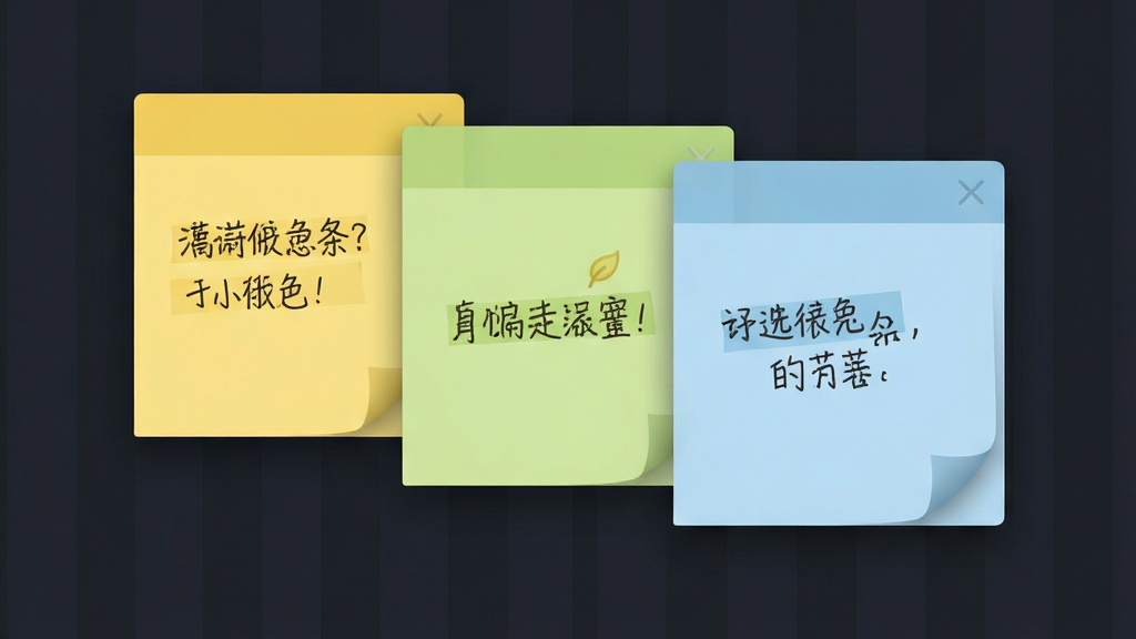 小黄条便签软件的多便签管理界面,画面中同时展示三个不同颜色的便签窗口,分别为黄色、浅绿色和淡蓝色,每个便签上写有不同类别的文字内容,窗口呈层叠排列在桌面上,背景为简洁的深色桌面壁纸,整体布局整齐有序,风格为扁平化UI设计展示,细节包括便签的阴影和半透明效果,画质高清,画面干净,无多余元素