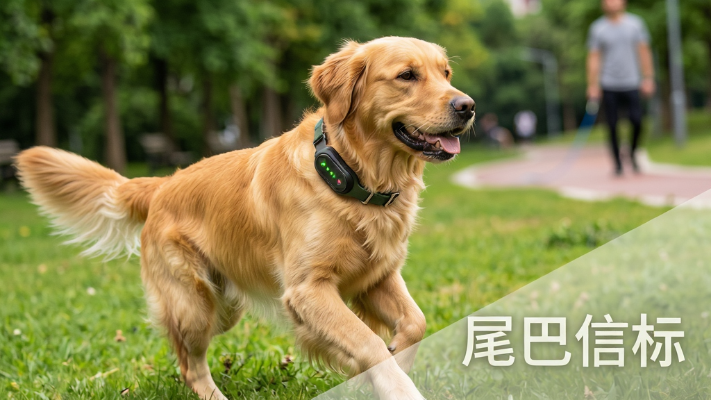 一张展示宠物智能定位场景的图片,主体是一只戴着小型定位器的金毛犬在公园草地上奔跑,背景是城市公园的绿树与步道,布局采用对角线构图突出宠物与定位器,排版上软件名称“尾巴信标”以半透明水印形式出现在画面右下角,风格为温馨写实摄影风,细节包括定位器上的指示灯、狗狗项圈、远处模糊的主人身影,画质高清干净无多余元素