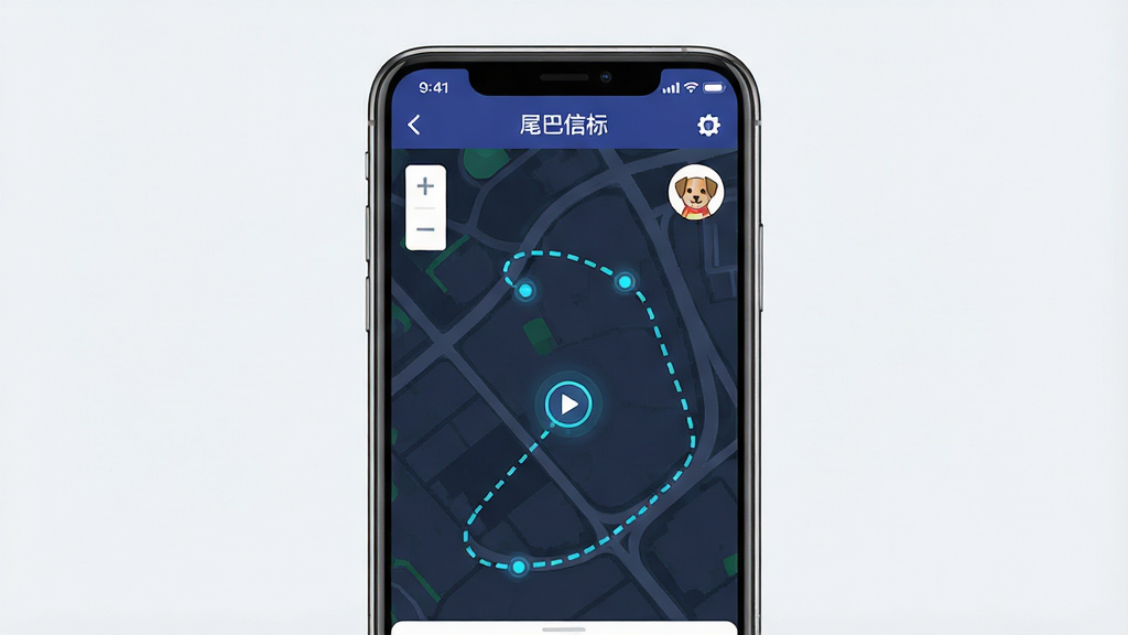 一张展示手机屏幕地图界面的图片,主体是手机屏幕中显示宠物位置的光标与轨迹路线,布局为居中展示手机界面,排版上软件名称“尾巴信标”出现在屏幕顶部导航栏,风格为科技感UI展示风,细节包括地图缩放控件、宠物头像图标、历史轨迹虚线,画质清晰干净无多余元素