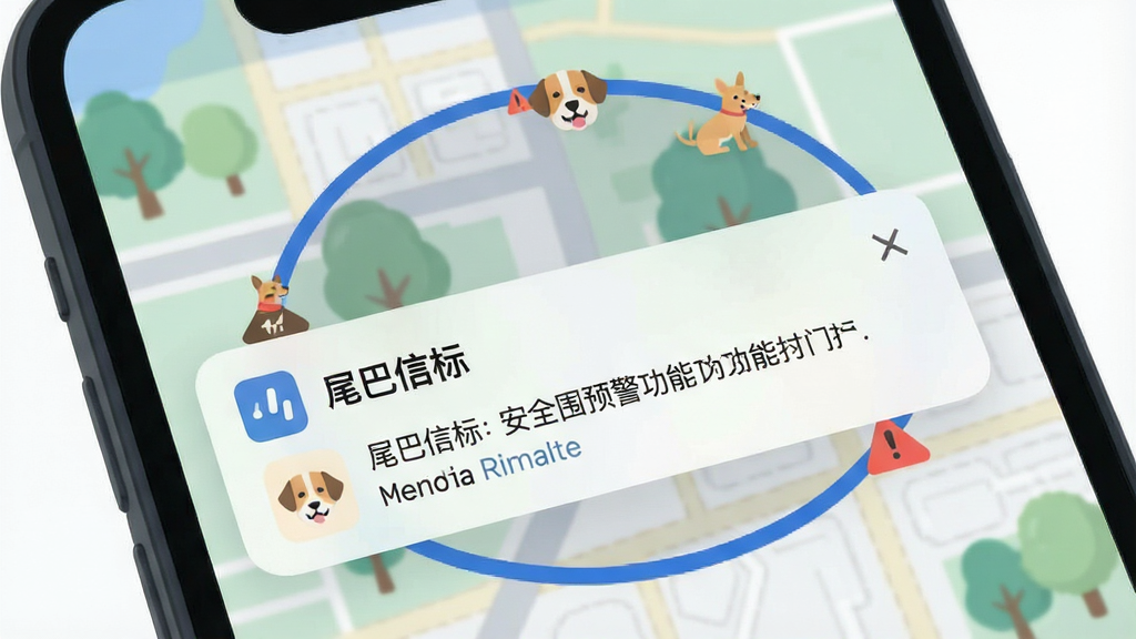 一张展示安全围栏预警功能的图片,主体是手机屏幕弹出通知提醒,背景是虚拟地图上的圆形围栏区域,布局为手机界面特写,排版上软件名称“尾巴信标”出现在通知标题中,风格为扁平化插画风,细节包括围栏边界线、宠物图标、警告图标,画质简洁干净无多余元素