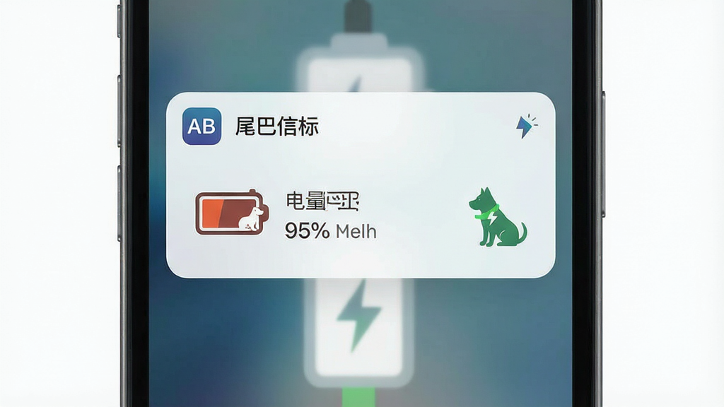一张展示低电量提醒功能的图片,主体是手机屏幕显示电量不足通知与充电图标,布局为通知卡片居中,排版上软件名称“尾巴信标”出现在通知来源处,风格为清新简约风,细节包括电池图标、百分比数字、宠物剪影,画质干净无多余元素