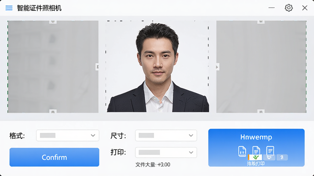 智能证件照相机导出与排版界面图,画面展示软件导出设置面板,布局为上下结构,上方是照片预览,下方是格式选择、尺寸设置与排版打印按钮,风格为浅色商务风,细节上有蓝色确认按钮和文件大小提示,画质高清,干净,无多余元素