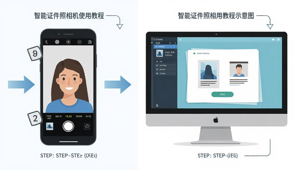 智能证件照相机使用教程示意图,画面主体为手机和电脑并排展示软件操作步骤,布局为左右分栏,左侧手机显示拍摄界面,右侧电脑显示导出界面,风格为扁平插画风,细节上有步骤数字标注和箭头引导,画质清晰,干净,无多余元素