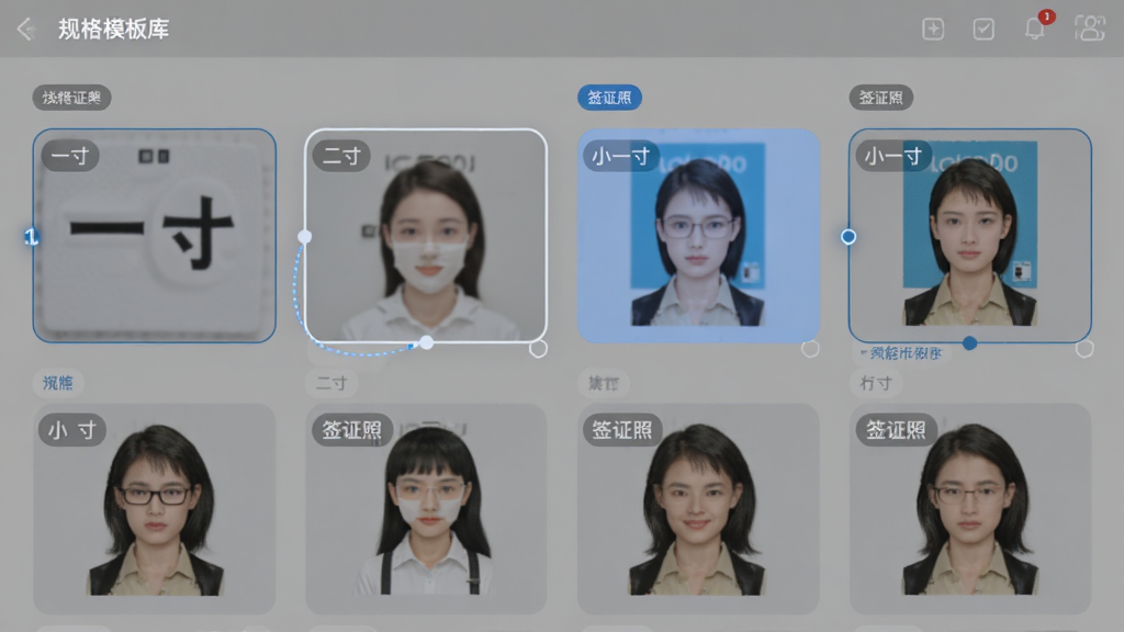 智能证件照相机功能展示图,画面主体为软件界面中的规格模板库页面,排版采用网格列表形式,展示一寸、二寸、小一寸、签证照等模板缩略图,风格为扁平化设计,细节上有选中高亮和分类标签,画质清晰,干净,无多余元素