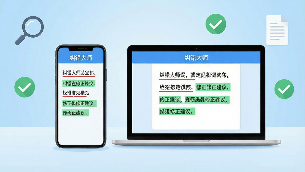 画面中央展示一部智能手机与一台笔记本电脑并排摆放,手机屏幕显示“纠错大师”应用界面,界面中文字段落被红色下划线标注错误、绿色高亮显示修正建议;电脑屏幕同步展示相同校对结果;背景为简洁的浅蓝色渐变,四周点缀放大镜、对勾、文档图标等元素;整体风格为扁平化科技风,布局干净对称,画质清晰明亮,无多余杂乱元素