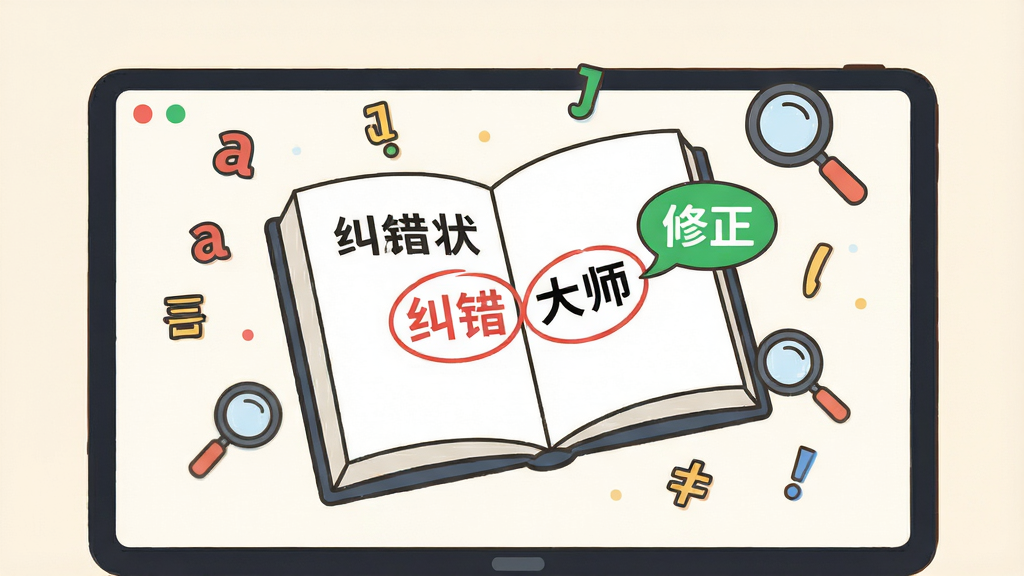 画面主体为一本翻开的电子书悬浮在屏幕中央,书页上文字呈现“纠错大师”自动标注状态:错字被红色圆圈圈出,旁边弹出绿色修正气泡;书本周围环绕着语法符号、标点图标与放大镜;背景为柔和米白色,风格为简约插画风,布局居中,细节清晰,画质干净无多余元素