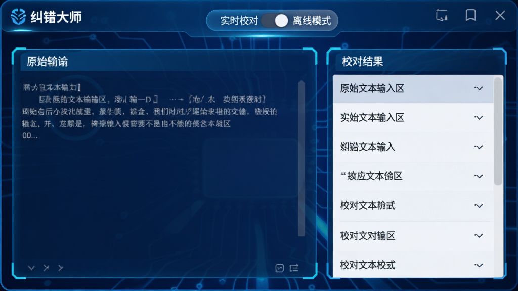 画面展示“纠错大师”软件界面分为左右两栏,左侧为原始文本输入区,右侧为校对结果列表;界面顶部有“实时校对”“离线模式”切换按钮;背景为深蓝色科技感渐变,界面元素带有发光边框,风格为现代UI设计风,布局清晰,画质锐利,无多余装饰