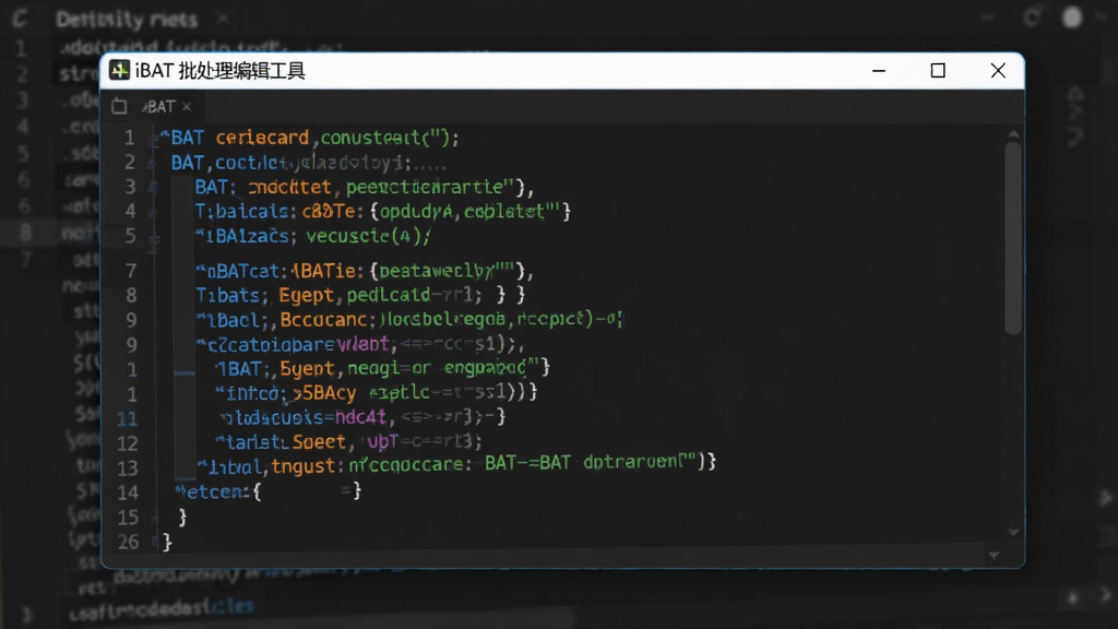 主体是一块悬浮的代码编辑窗口,窗口标题为“iBAT 批处理编辑工具”,窗口中显示彩色高亮的BAT代码,布局为居中特写,排版为代码行整齐排列,风格为暗色科技风,细节包括命令为蓝色、变量为橙色、注释为绿色、背景为深灰,画质为高清、干净、无多余元素