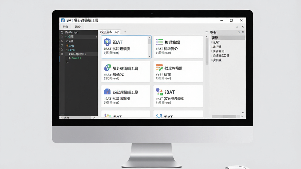 主体是一台台式电脑显示器,屏幕上打开“iBAT 批处理编辑工具”的模板库面板,面板中列出多条代码片段卡片,布局为左侧编辑器右侧模板库,排版为网格状卡片排列,风格为清新办公风,细节包括卡片带有图标和简短说明、背景为浅灰、文字清晰,画质为高清、干净、无多余元素