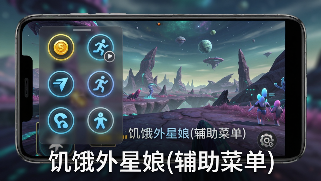 一部安卓手机横屏展示游戏画面,屏幕左侧悬浮着一个半透明的辅助菜单面板,面板上排列着多个圆形功能按钮,按钮图标包括无限金币、加速移动、解锁形态等,手机背景是游戏中的异星场景,画面下方用白色字体写着“饥饿外星娘(辅助菜单)”,整体布局清晰展示手机与菜单面板的关系,风格为写实数码产品展示,细节包括手机边框的反光和菜单按钮的微光效果,画质高清,干净无多余元素