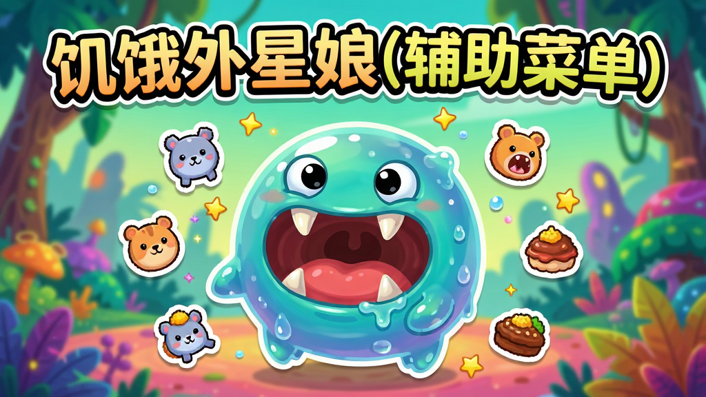 画面中央是一只圆滚滚的卡通外星生物,身体呈半透明果冻质感,张着大嘴露出尖牙,周围漂浮着各种小动物和食物图标,背景是色彩鲜艳的异星丛林场景,上方用醒目的艺术字体写着“饥饿外星娘(辅助菜单)”,整体风格活泼搞怪,布局采用居中构图,排版突出游戏名称与核心吞噬元素,细节包括外星生物身上的粘液光泽和周围散落的星星特效,画质清晰明亮,干净无多余元素