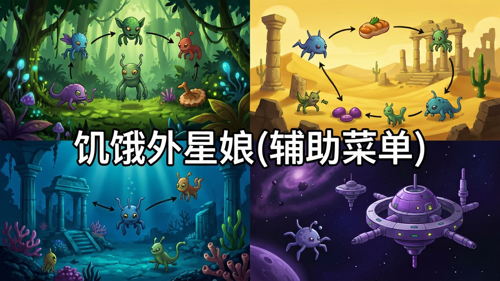 四个不同场景的拼接画面,左上角是绿色异星丛林,右上角是黄色沙漠废墟,左下角是蓝色深海遗迹,右下角是紫色太空站,每个场景中都有对应的外星生物和食物链元素,画面正中间用白色描边字体写着“饥饿外星娘(辅助菜单)”,布局采用四宫格拼接排版,风格为卡通场景概念图,细节包括各场景的独特植被和光影氛围,画质清晰,干净无多余元素