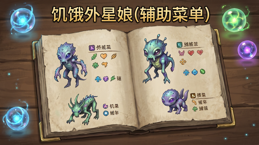 一本展开的图鉴册子,左右两页各展示三种外星生物形态,每种形态旁边标注着名称和属性图标,图鉴册子放在木质桌面上,旁边散落着几颗发光的能量球,画面顶部用金色字体写着“饥饿外星娘(辅助菜单)”,布局采用俯视角度展示图鉴内容,风格为手绘插画风格,细节包括图鉴纸张的纹理和能量球的荧光效果,画质精致,干净无多余元素