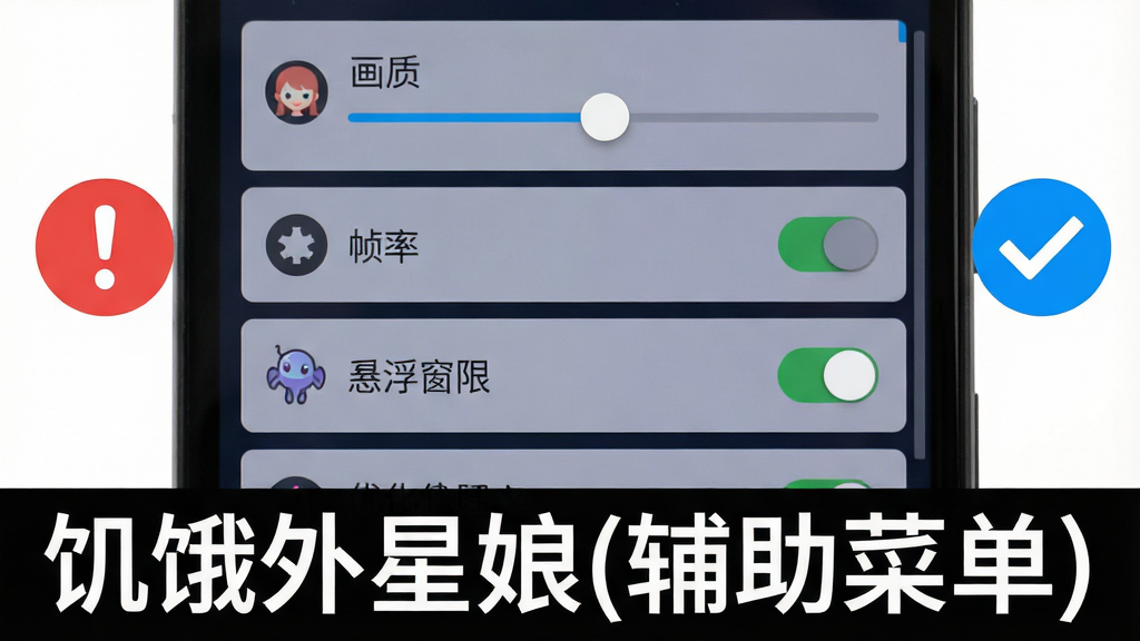 一部手机屏幕显示游戏设置界面,界面中包含画质调节滑块、帧率选项、悬浮窗权限开关等设置项,屏幕旁边有一个红色感叹号图标和蓝色对勾图标分别标注注意事项和优化建议,画面底部用白色字体写着“饥饿外星娘(辅助菜单)”,布局采用手机界面截图风格,风格为扁平化UI展示,细节包括设置选项的图标和文字标注,画质清晰,干净无多余元素