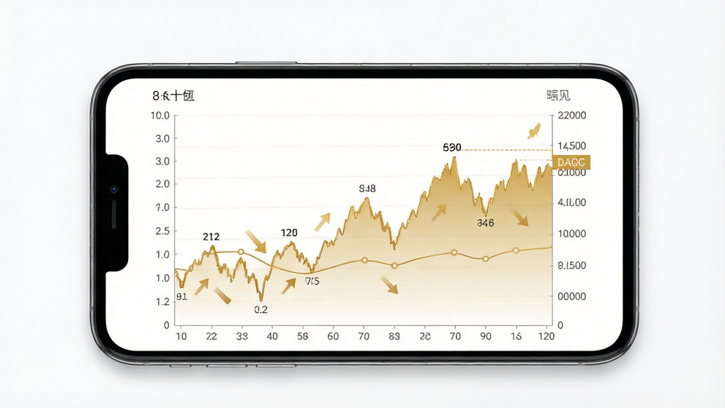 实时金软件大盘走势图界面,手机屏幕显示金色折线图与坐标轴,背景为纯白,主体为手机与图表,布局居中,排版工整,风格商务简约,细节包含涨跌箭头与数据点,画质高清,干净,无多余元素