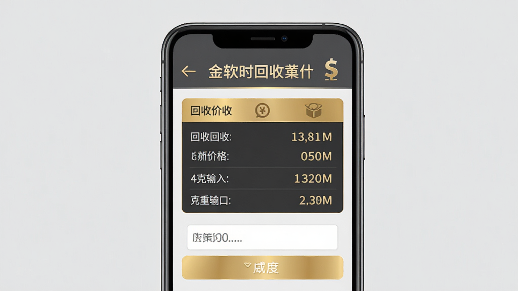 实时金软件黄金回收报价页面,手机屏幕显示回收价格表格与克重输入框,背景为浅灰色,主体为手机与数据面板,布局居中,排版清晰,风格实用简洁,细节包含金色数字与回收图标,画质清晰,干净,无多余元素