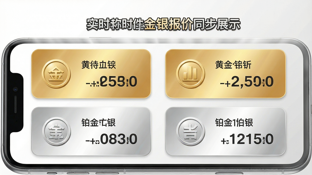 实时金软件金银报价同步展示,手机屏幕显示黄金与白银价格卡片,背景为白色与银色搭配,主体为手机与双列数据,布局居中,排版对称,风格清爽,细节包含金银图标与价格数字,画质高清,干净,无多余元素